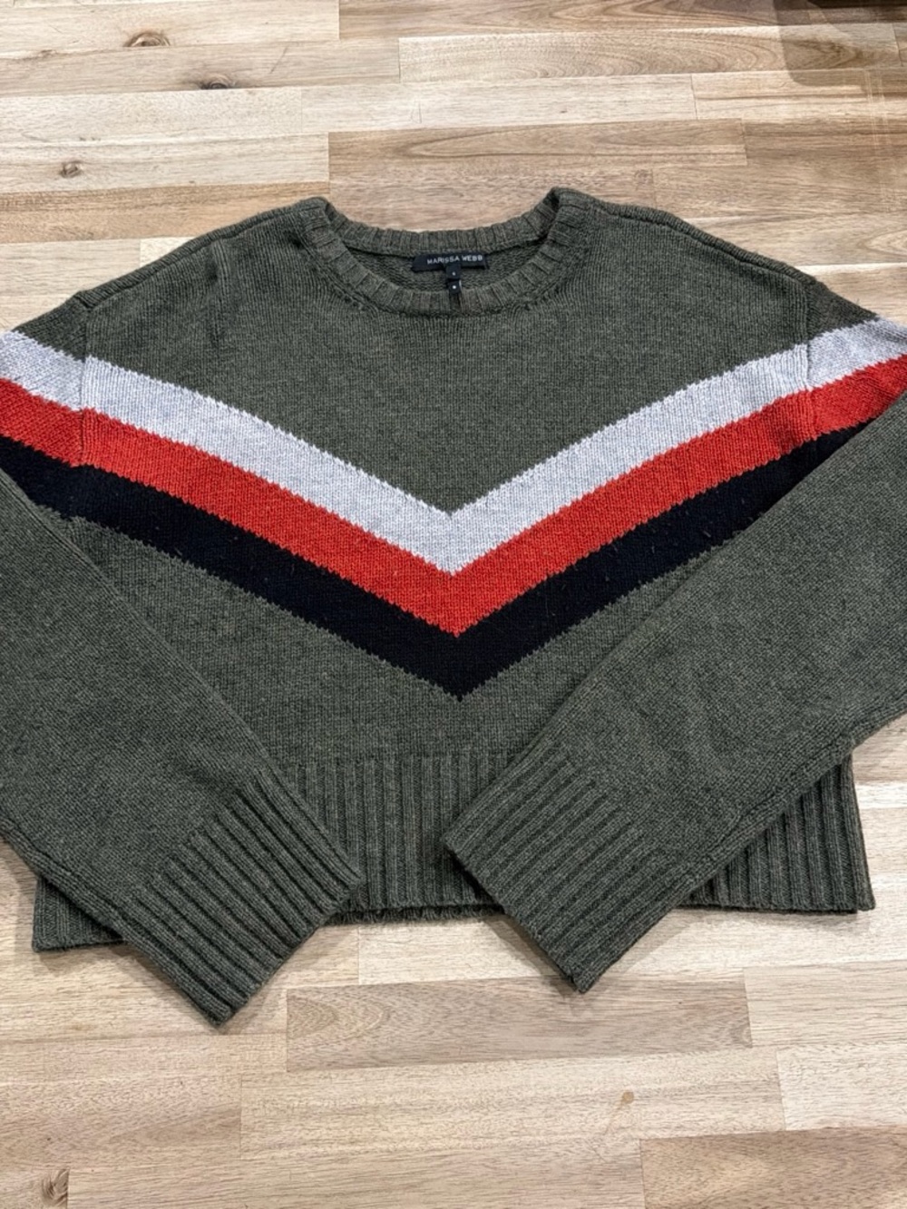 Marissa Webb Olive Crewneck Sweater with Red, Black & White Chevron